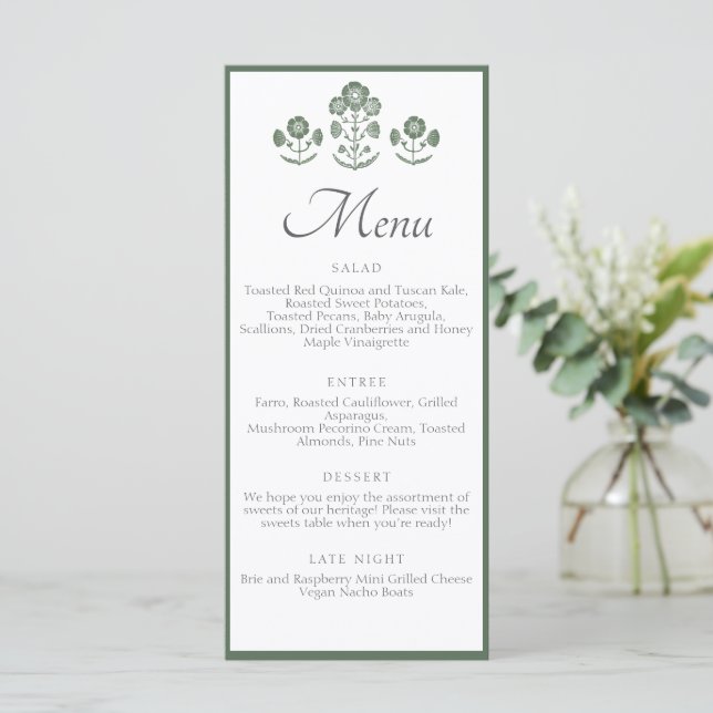 Menu Casamento com Impressão Botânica Verde e Branco (Em pé/Frente)