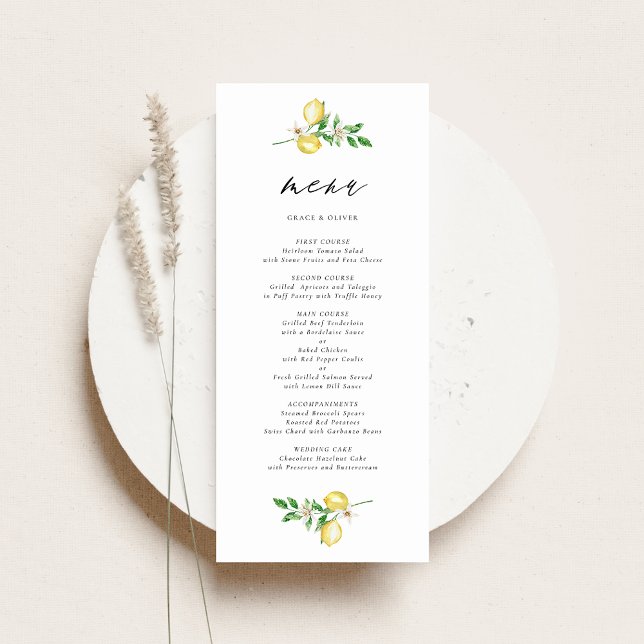 Menu Casamento com Lemon Botânico e Água Verde (Customizable Wedding Menu Card with Watercolor Lemons, Blossoms & Greenery Wreath)