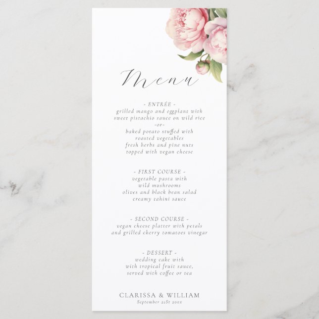 Menu Casamento com Letra de Água Floral Rosa Elegante (Frente)