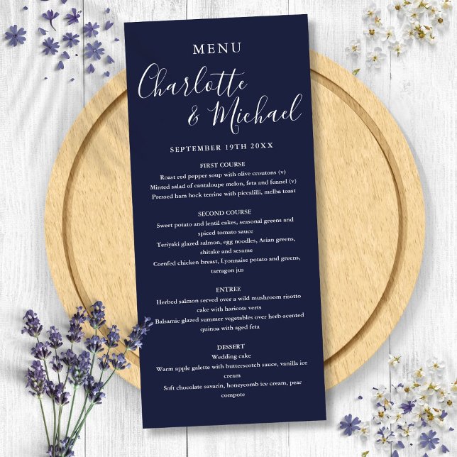 Menu Casamento com Letra de Assinatura Azul Marinho Ele (Navy Blue Elegant Signature Script Wedding Menu)