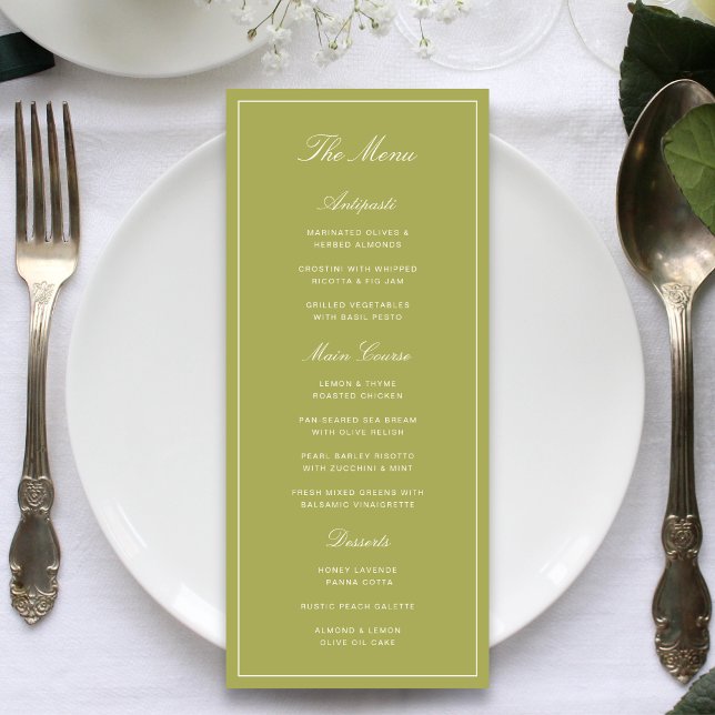 Menu Casamento com Letra Elegante em Verde Oliva (Elegant olive green wedding menus present your dining details with timeless charm.)