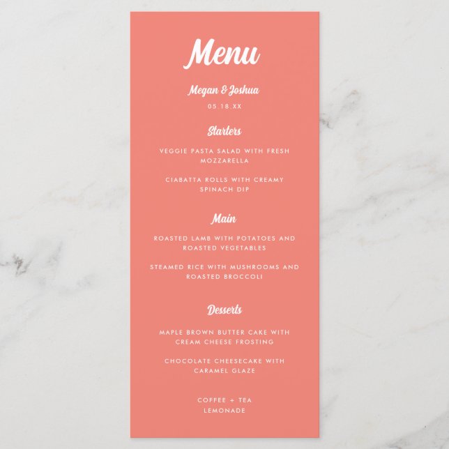 Menu Casamento com Letra Moderna em Rosa Coral (Frente)