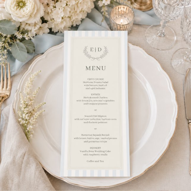 Menu Casamento com Listras de Azul e Salvia com Monogra (Criador carregado)