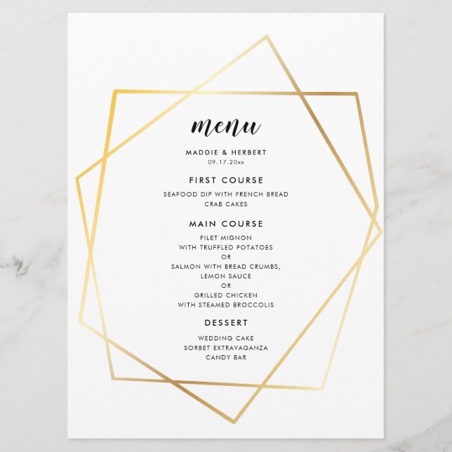 Menu Casamento com moldura de ouro geométrica moderna (Frente)