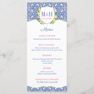 Menu Casamento com Monograma de Azulejo Azul com Limões