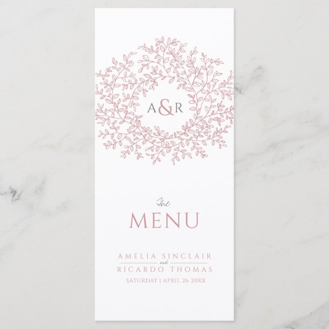 Menu Casamento com monograma de desenho de folha branca (Frente)