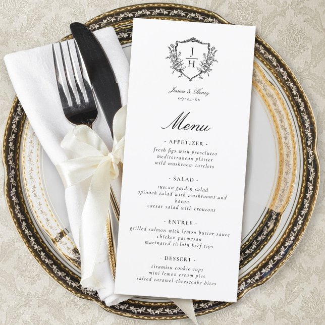 Menu Casamento com Monograma de Floral Crest Regência E (Criador carregado)