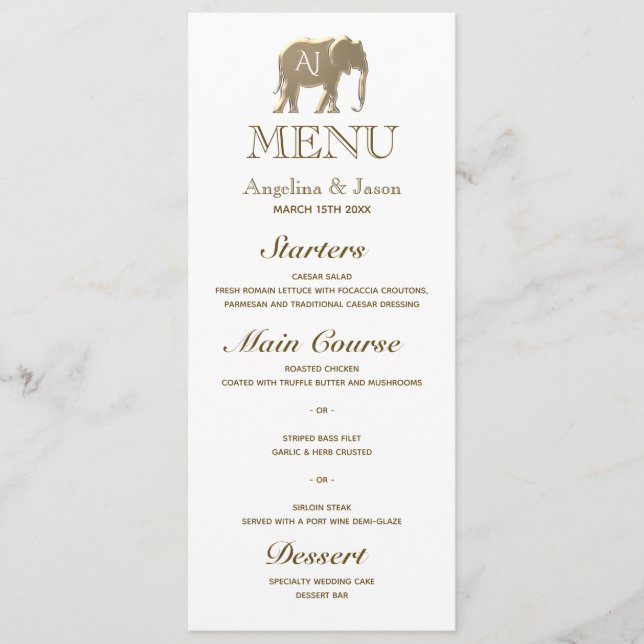 Menu Casamento com Monograma de Ouro Elegante (Frente)