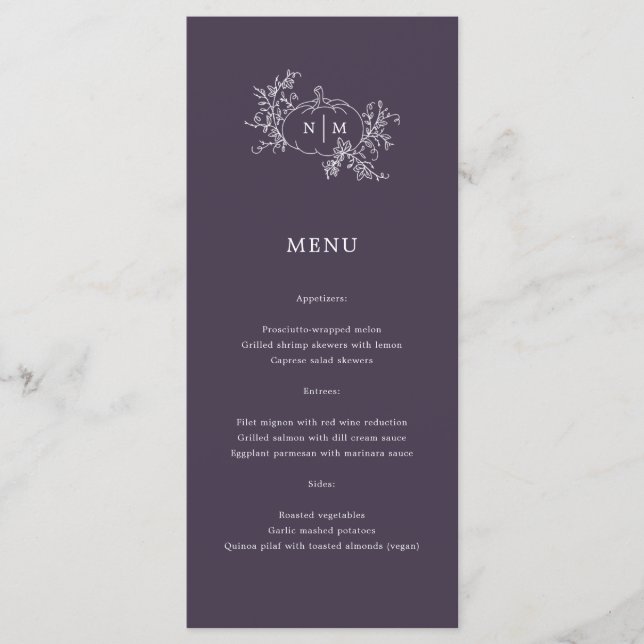 Menu Casamento com Monograma de Plum Purple Plum Dark (Frente)