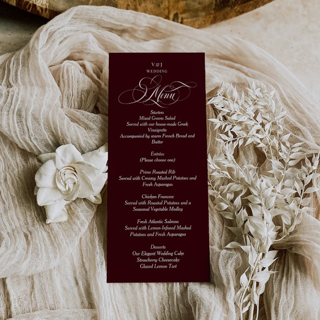 Menu Casamento com Monograma Elegante em Vermelho Borgo (Criador carregado)