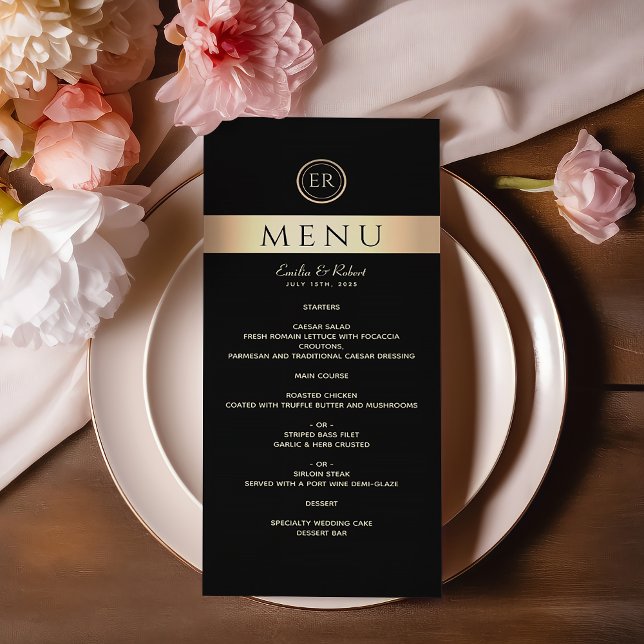 Menu Casamento com Monograma Preto e Dourado (Criador carregado)