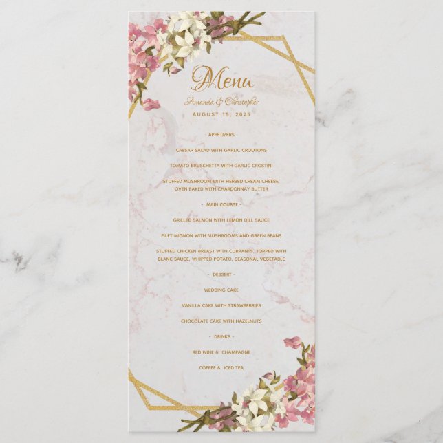 Menu Casamento com Orquídeas e Mármores Geométricos Flo (Frente)