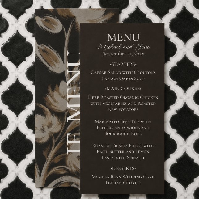Menu Casamento com Padrão Botânico Marrom Rústico (Rustic Brown Botanical Pattern Wedding Menu)