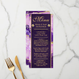 Menu Casamento com padrão de ágata dourada roxa rosa
