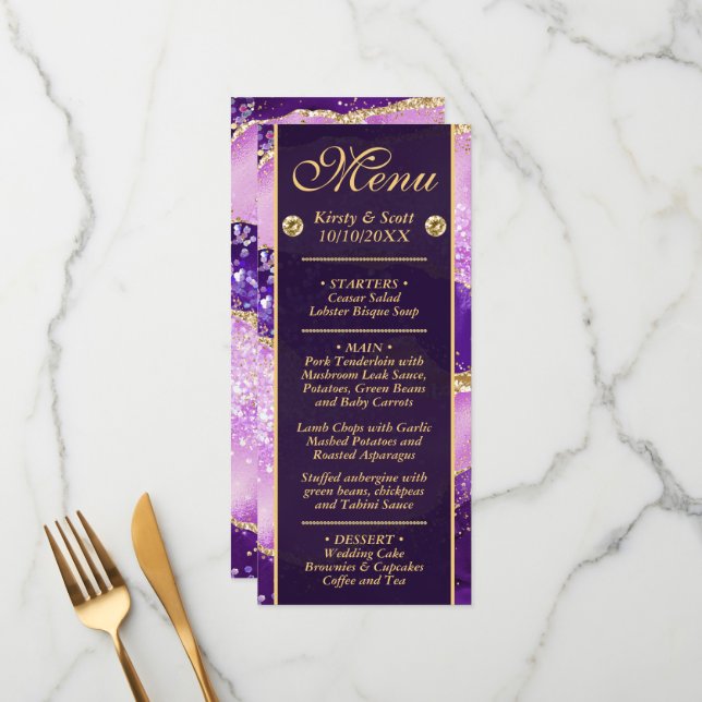 Menu Casamento com padrão de ágata dourada roxa rosa (Frente/Verso In Situ)