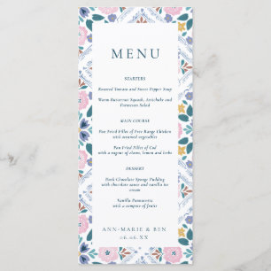 Menu Casamento com padrão floral azul marinho e rosa Gr