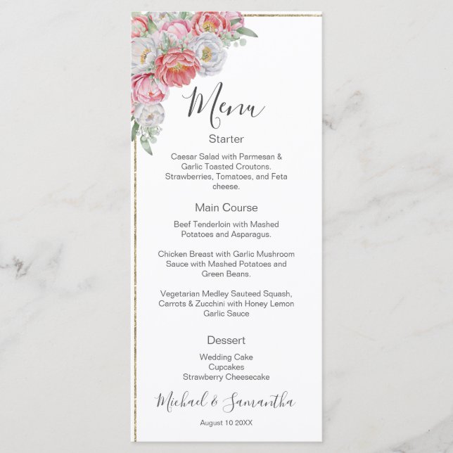 Menu Casamento com Peônia Rosa e Branca (Frente)