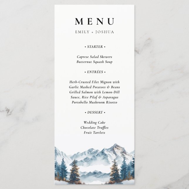 Menu Casamento com pinheiro das montanhas do inverno (Frente)