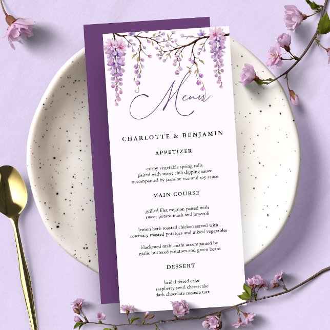Menu Casamento com Ramos de Wisteria Roxa Floral (Criador carregado)