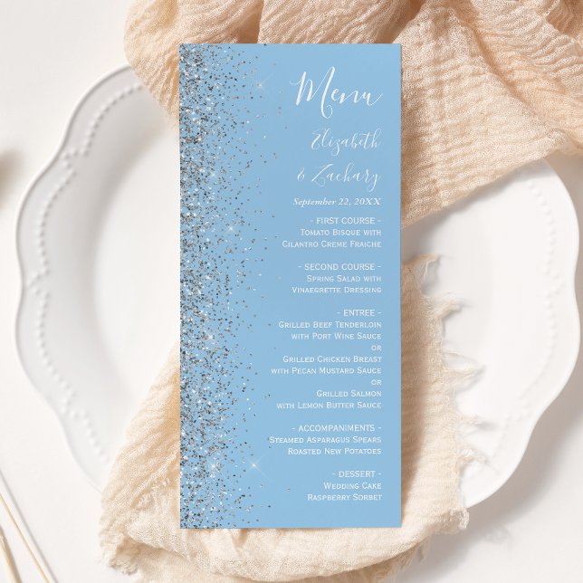 Menu Casamento com relva de prata azul do Pastel modern (Criador carregado)