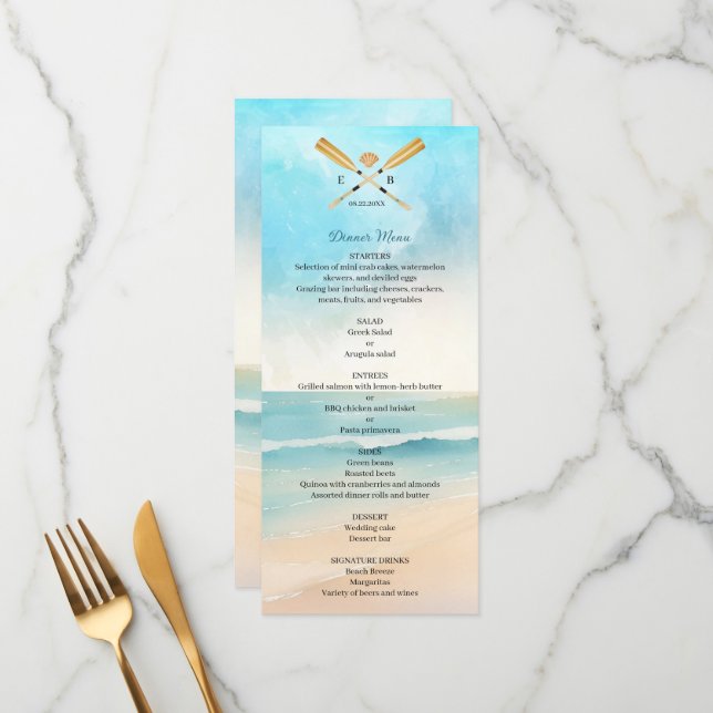Menu Casamento com Remos de Praia em Aquarela (Frente/Verso In Situ)