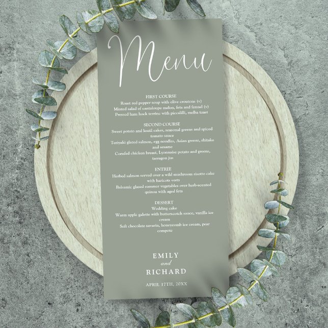 Menu Casamento com Roteiro de Caligrafia em Verde Sage (Sage Green Calligraphy Script Wedding Menu)