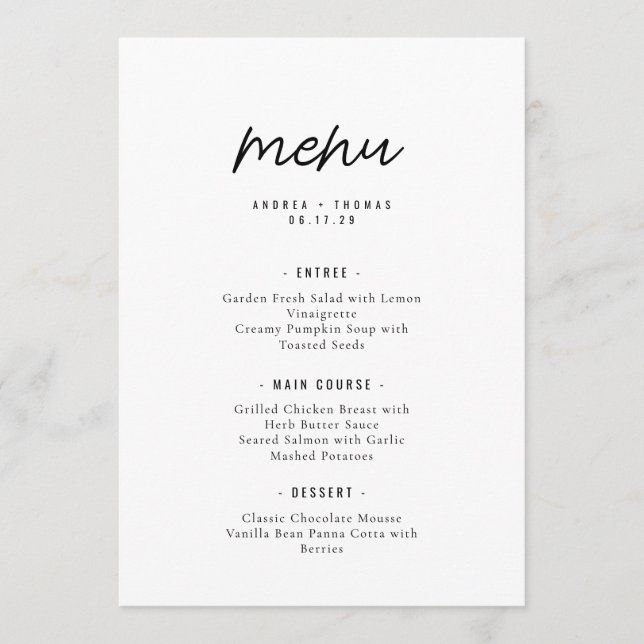 Menu Casamento com Roteiro Minimalista Elegante (Frente)