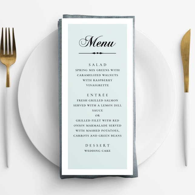 Menu Casamento com script clássico de caligrafia azul e (Criador carregado)
