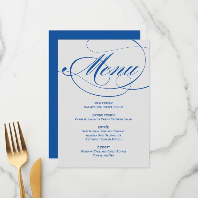 Menu Casamento com Script de Caligrafia de Cinza Azul E (Frente/Verso In Situ)