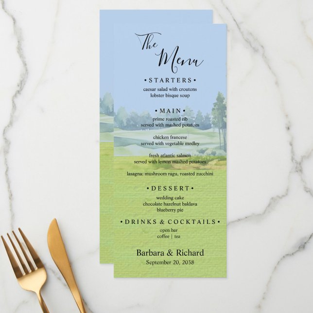 Menu Casamento com Tema de Golfe em Aquarela Personaliz (Criador carregado)