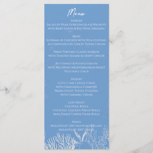 Menu Casamento com temática no Oceano Toile Azul (Frente)