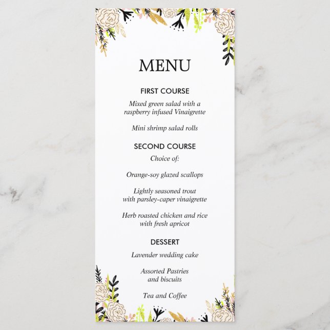 Menu Casamento com Tinta Floral Moderna (Frente)