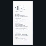 Menu Casamento com Tipografia Minimalista Moderna marin<br><div class="desc">Cartão de menu personalizável com tipografia moderna. Personalize adicionando a data e a escolha da refeição. Este cartão de menu azul-marinho minimalista é perfeito para casamentos,  chás de fraldas,  chás de panela,  aniversários e muito mais.</div>