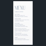 Menu Casamento com Tipografia Minimalista Moderna marin<br><div class="desc">Cartão de menu personalizável com tipografia moderna. Personalize adicionando a data e a escolha da refeição. Este cartão de menu azul-marinho minimalista é perfeito para casamentos,  chás de fraldas,  chás de panela,  aniversários e muito mais.</div>