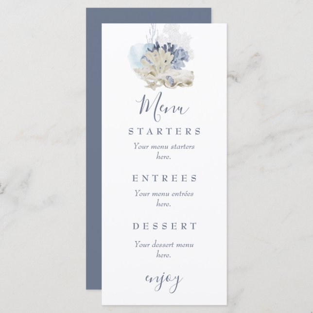Menu Casamento com uma concha azul de praia costeira (Frente/Verso)