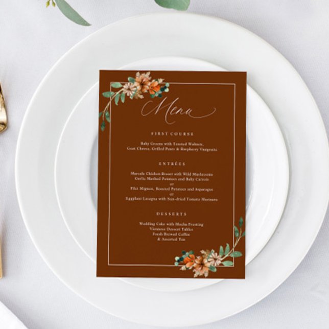 Menu Casamento com Verde Esmeralda e Laranja Queimada d (Emerald and Rust Burnt Orange Wedding Menu for fall or winter weddings 5x7)
