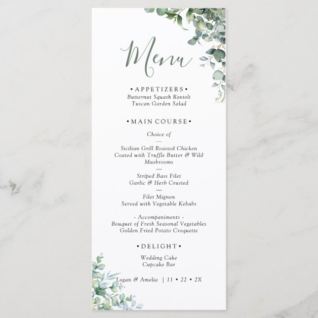 Menu Casamento com Verde Folhagem de Eucalipto Elegante (Frente)