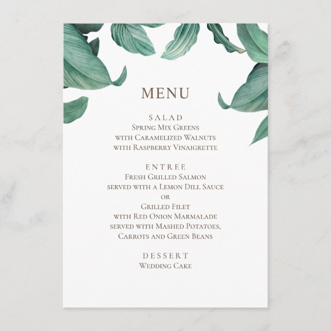 Menu Casamento com verde tropical. Botânica aquarela (Frente)