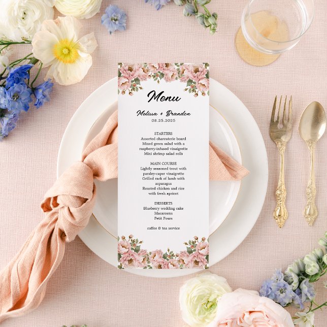 Menu Casamento Cor-de-Rosa Blush Floral (Criador carregado)