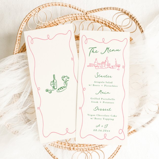 Menu Casamento Cor-de-Rosa e Verde Desenhado à Mão com  (Criador carregado)