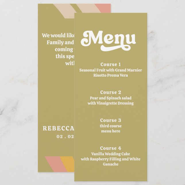 Menu Casamento Cor-de-Rosa Verde dos anos 70 (Frente/Verso)