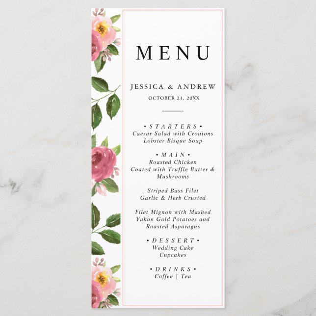 Menu Casamento Cor Flórida Floral Rosa Esbranquiçada (Frente)