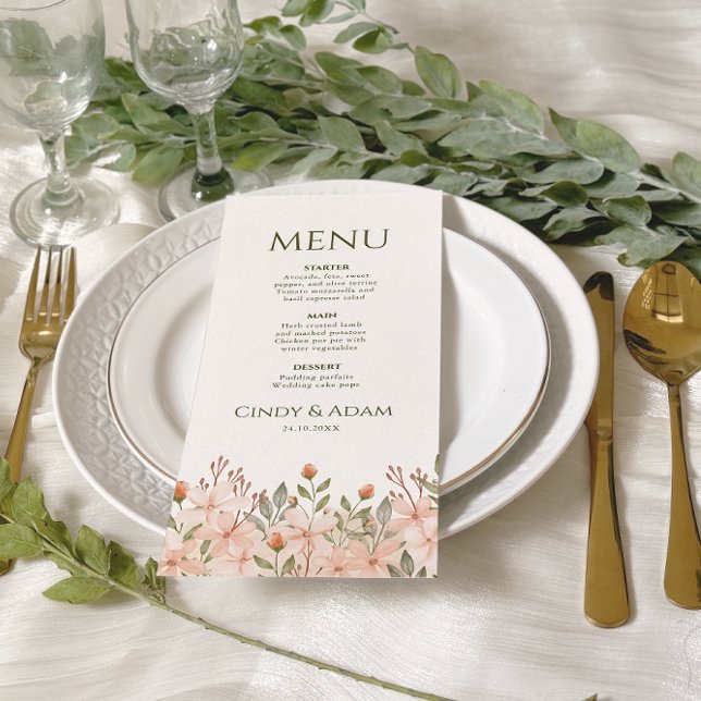 Menu Casamento Cor Flórida Floral Rosa Esbranquiçada (Criador carregado)