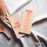 Menu Casamento Cor Vermelha Cor Laranja Laranja Desenha<br><div class="desc">Um menu janto de casamentos cor-de-pêssego moderno e fedorento. Que apresenta modelo de chic design de fundo de pêssego boho vintage e tipografia vermelha em negrito. E a mão Desenhou um pedaço de bolo e a mão escreveu um roteiro inteiro. Perfeito e compatível com toda a suíte.</div>