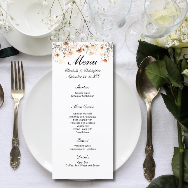 Menu Casamento Cores Neutras Boho Flores Silvestres  (Boho Wildflowers Cream Beige Yellow Neutral Colors Wedding Menu)