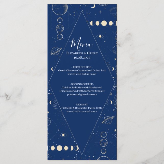 Menu Casamento cósmico celestial sol lua estrelas (Frente)