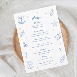 Menu Casamento Costeiro Desenhado Pela Mão Azul Dusty