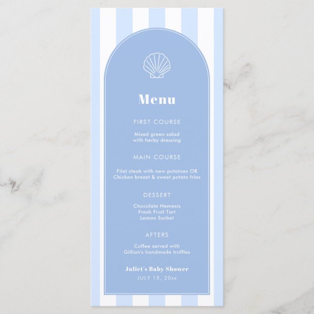 Menu Casamento Costeiro Simples Azul e Branco em Concha (Frente)