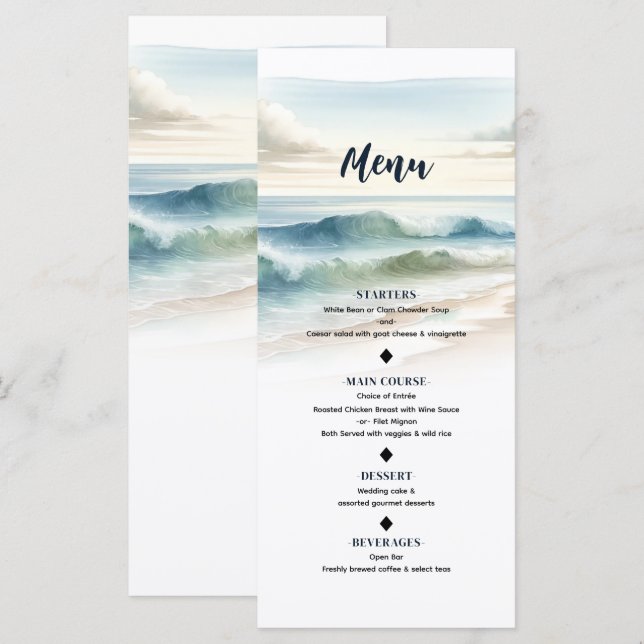Menu Casamento Costeiro Waves Beach Watercolor (Frente/Verso)