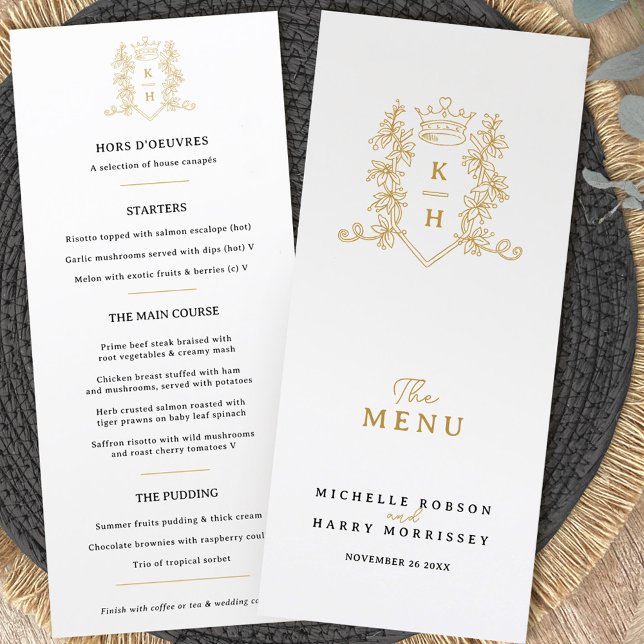Menu Casamento da crista de ouro branco monograma (Criador carregado)